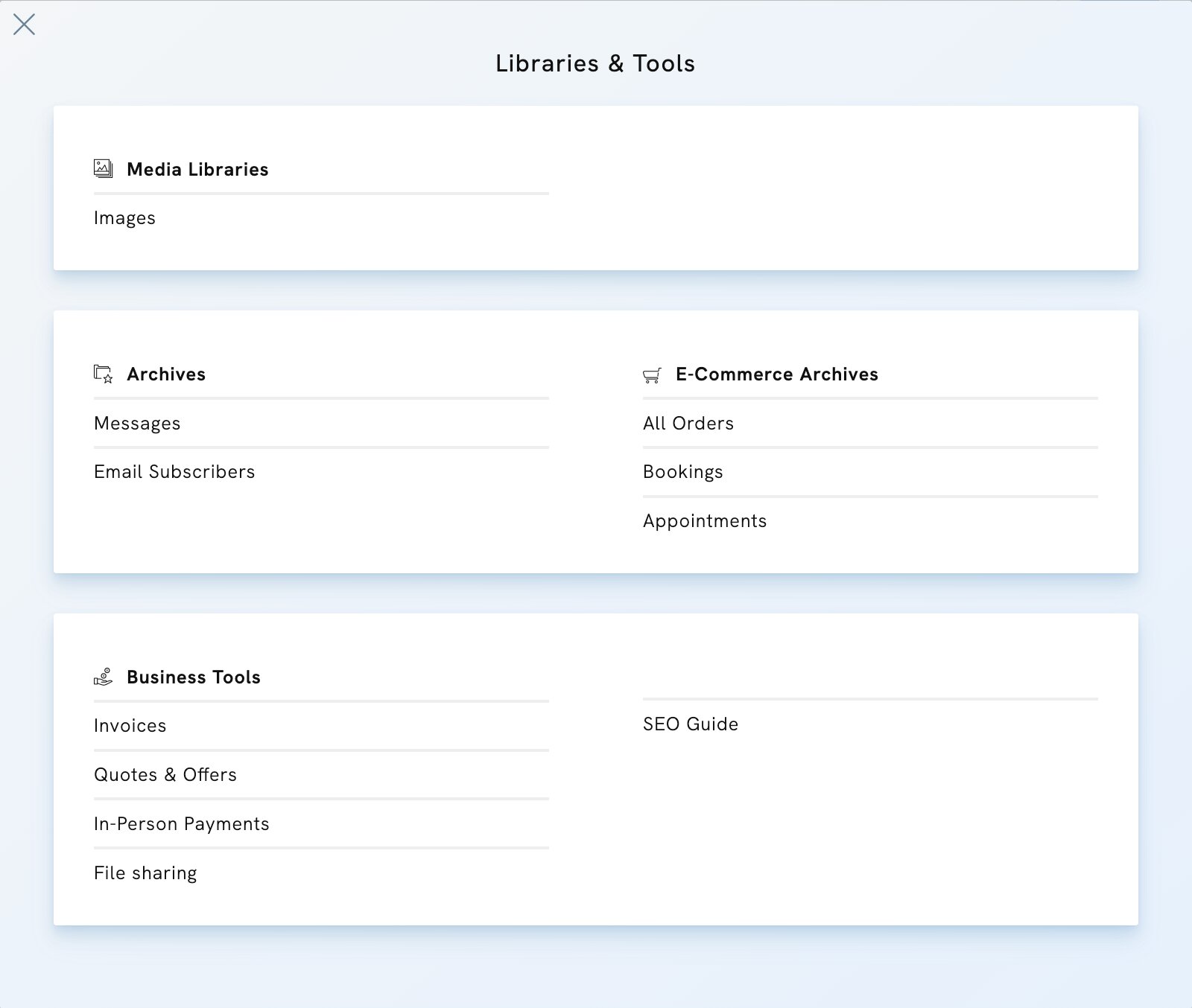 Libraries and tools in the Portfoliobox Admin panel