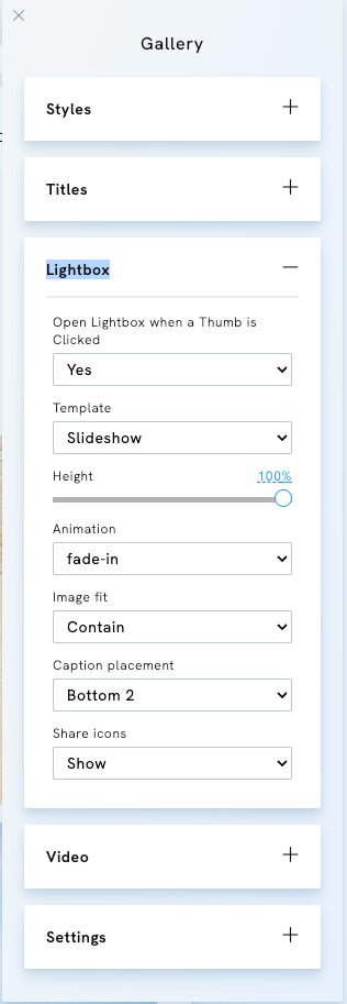 Gallery Lightbox settings in Portfoliobox