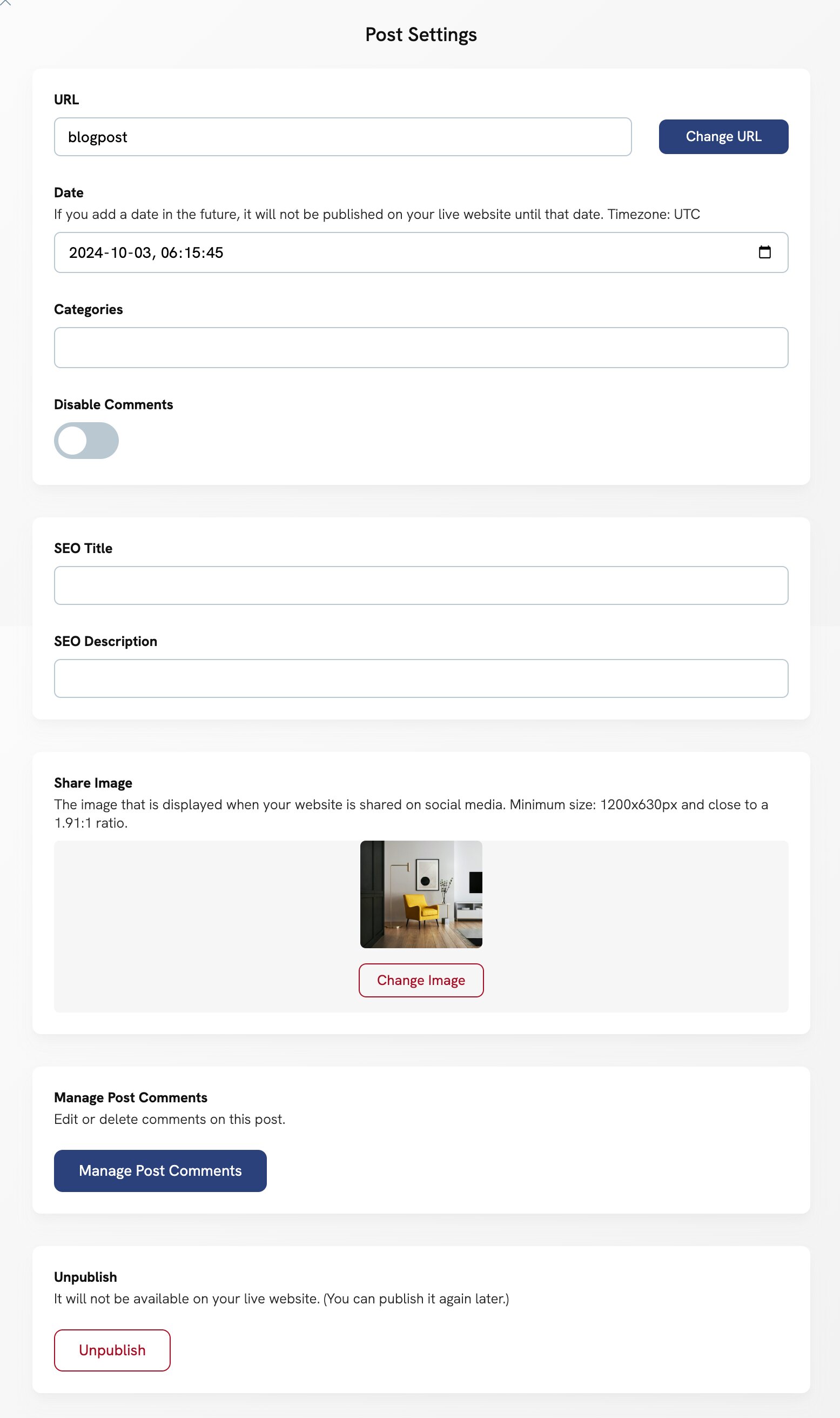 Blog Post settings in your Portfoliobox portfolio