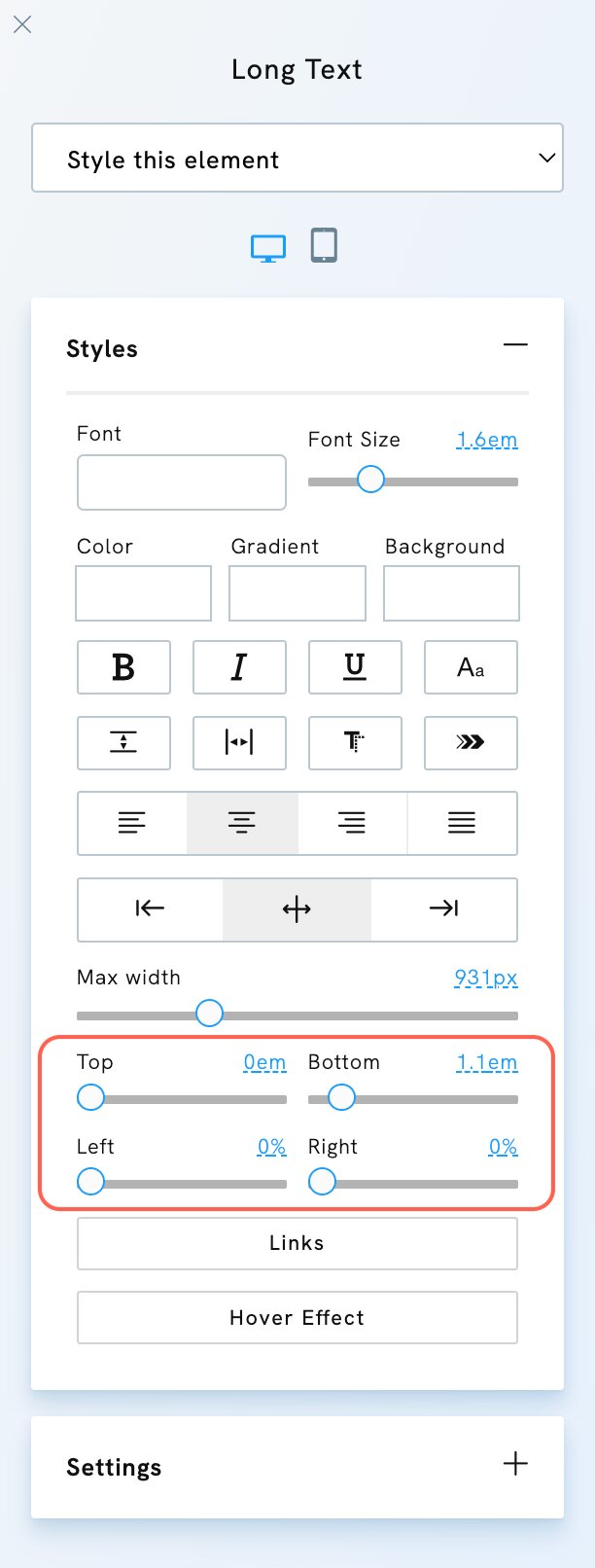 Edit margin of an element on Portfoliobox