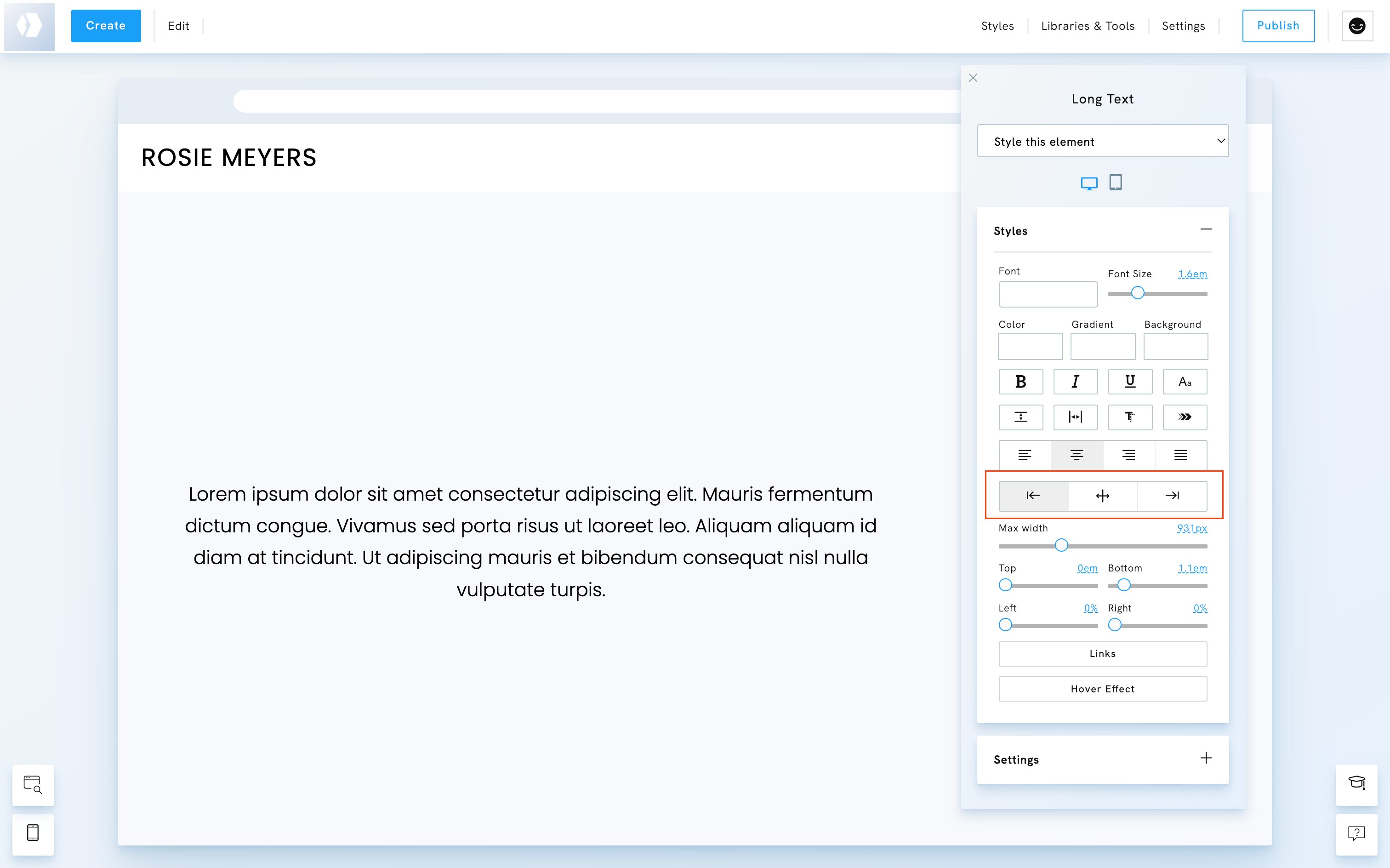 Position of elements in Portfoliobox