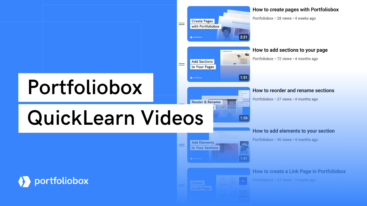 Bem-vindo à série Portfoliobox QuickLearn! Estes tutoriais curtos e fáceis de seguir o guiarão pelos fundamentos de configuração e personalização do seu site de portfólio.
